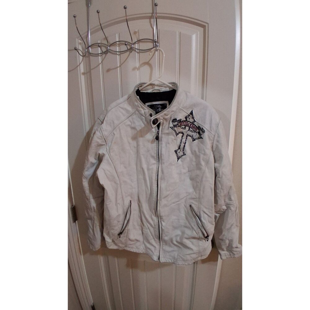 Affliction Limited Edition White Leather Jacket 2XL Skull Cross Wings #1867/3000